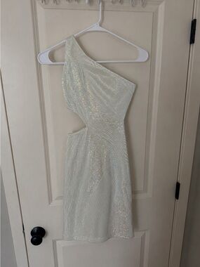 Sparkling One-Shoulder White Sequin Cutout Dress